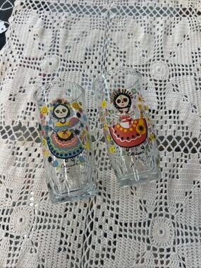 Set of 2 Decorative Mexican Doll Glasses with Colorful Folk Art